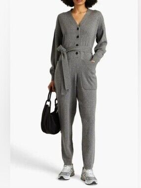 Alex Mill Gray Knit Jumpsuit Merino Wool Button Front Tie Waist